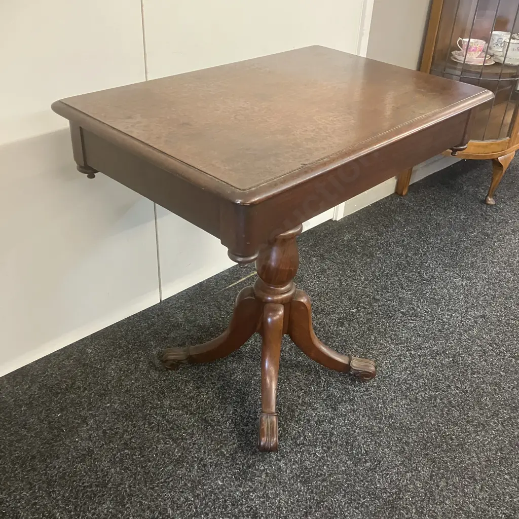 Victorian Antique Side Table, Single Drawer, Turned Pedestal To 4 Carved Feet On Castors. H74 W76 D50cm Image 1++