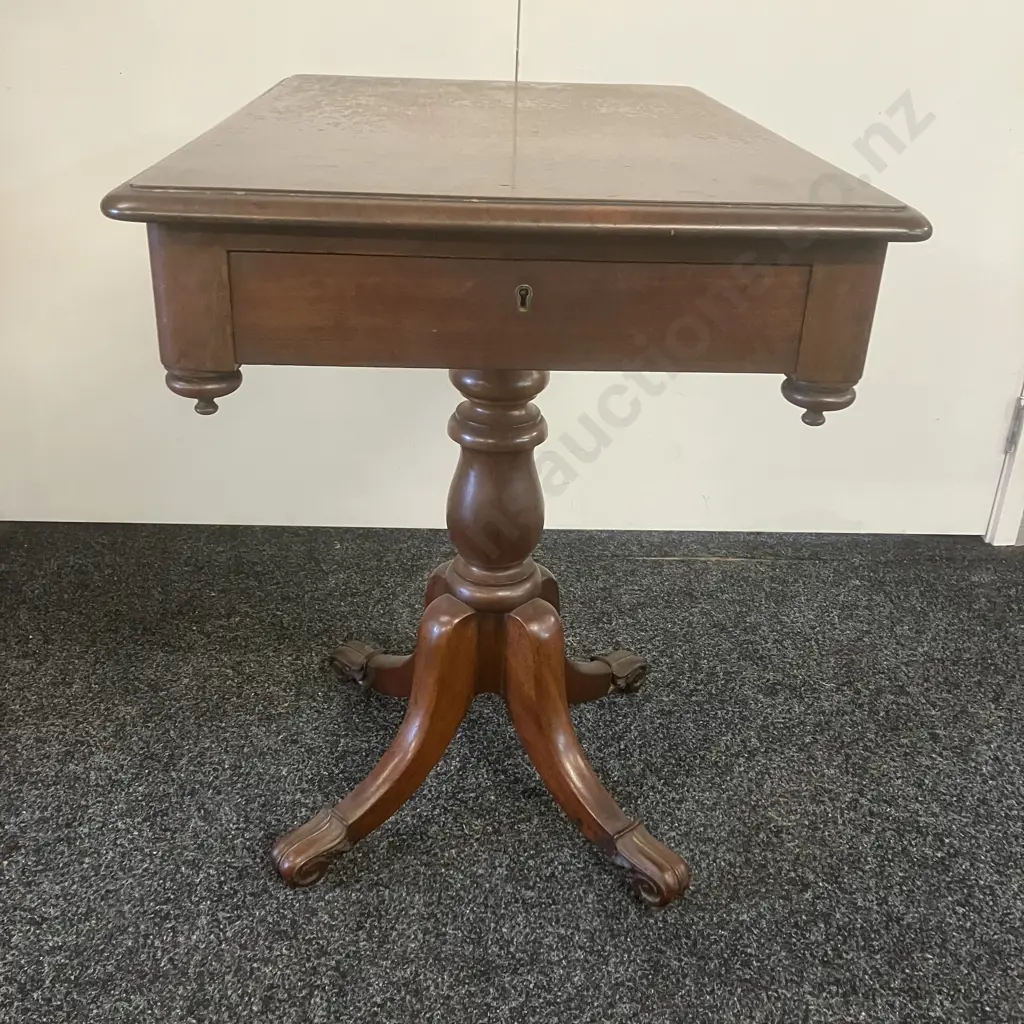 Victorian Antique Side Table, Single Drawer, Turned Pedestal To 4 Carved Feet On Castors. H74 W76 D50cm Image 1++