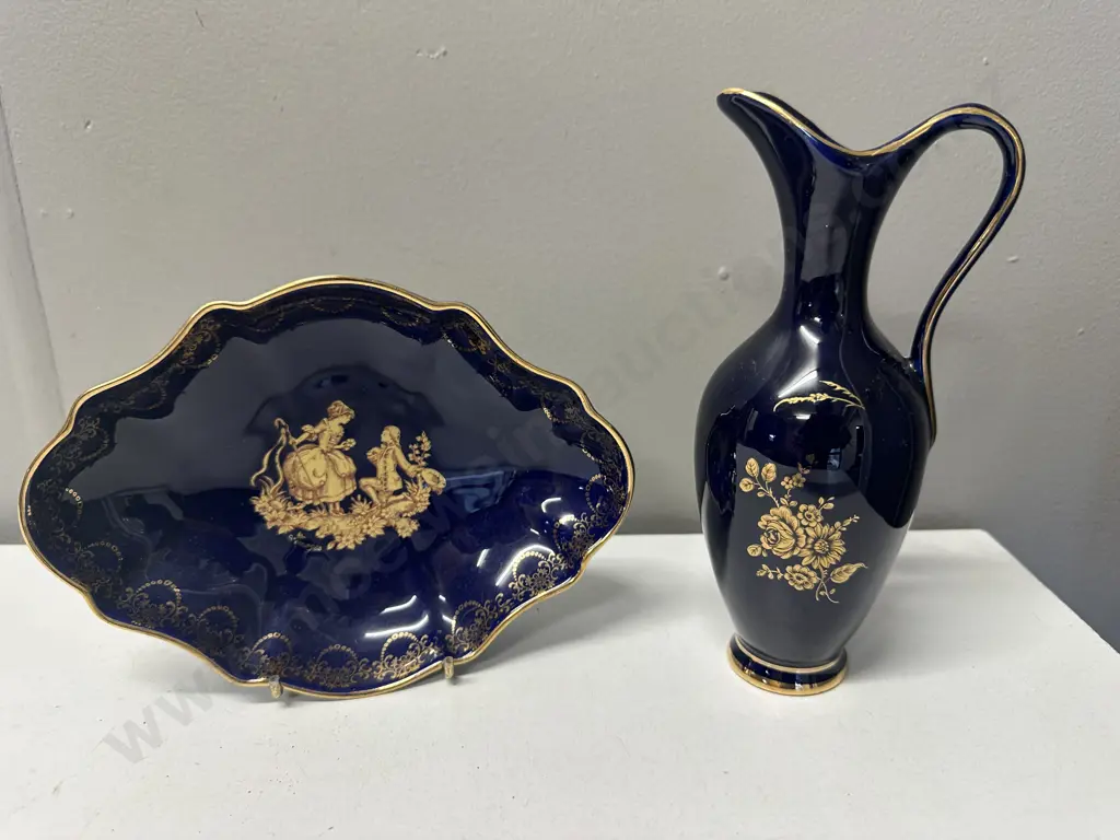 Cobalt Blue & Gold Florance Limoges Dish & Porcelain Pitcher Image 1++