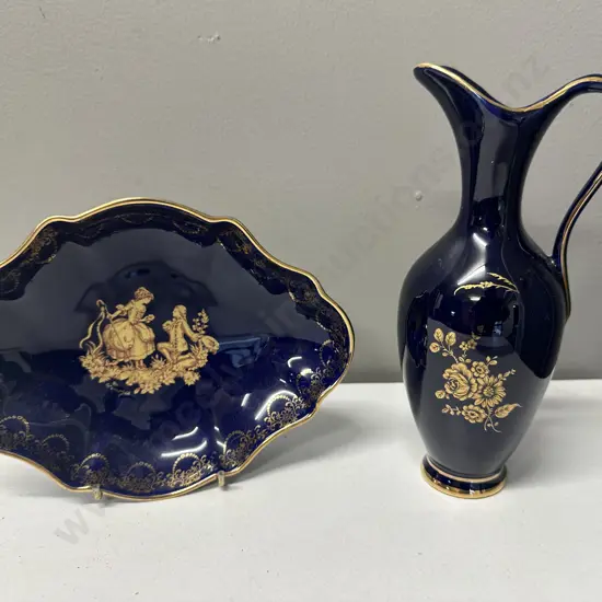 Cobalt Blue & Gold Florance Limoges Dish & Porcelain Pitcher