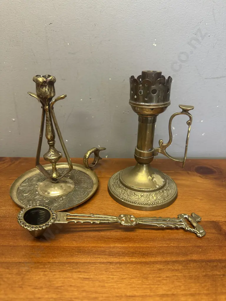 Vintage Brass Items Including Galloping Horse Snuffer & Candle Holders Image 1++