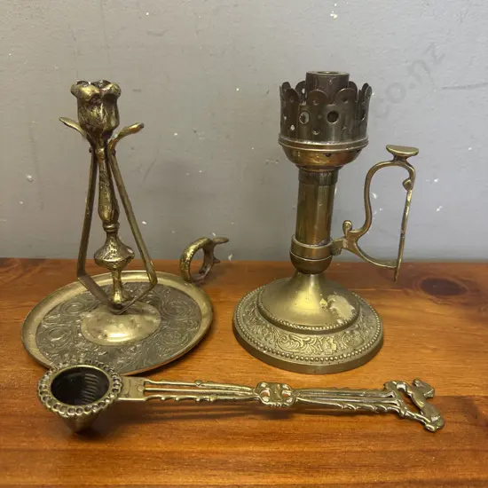 Vintage Brass Items Including Galloping Horse Snuffer & Candle Holders