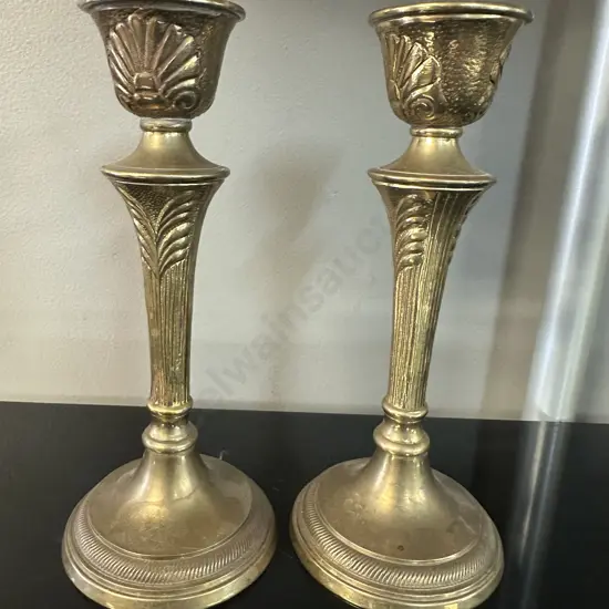   Pair Of Ornate Brass Candle Stick Holders H20.5cm.