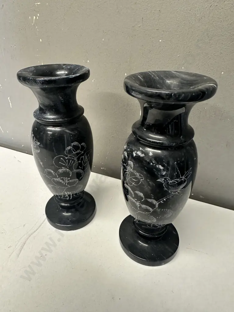 Pair Of Black Marble Vases  With Etched Bird Detail H20cm. Image 1++