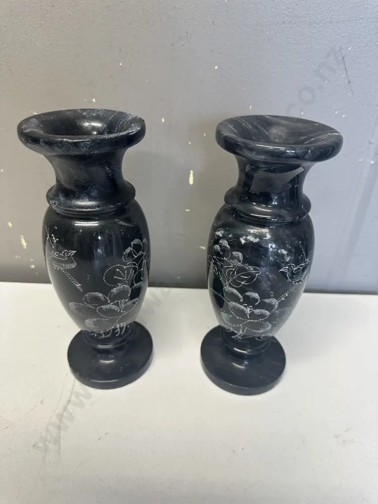 Pair Of Black Marble Vases  With Etched Bird Detail H20cm. Image 1++