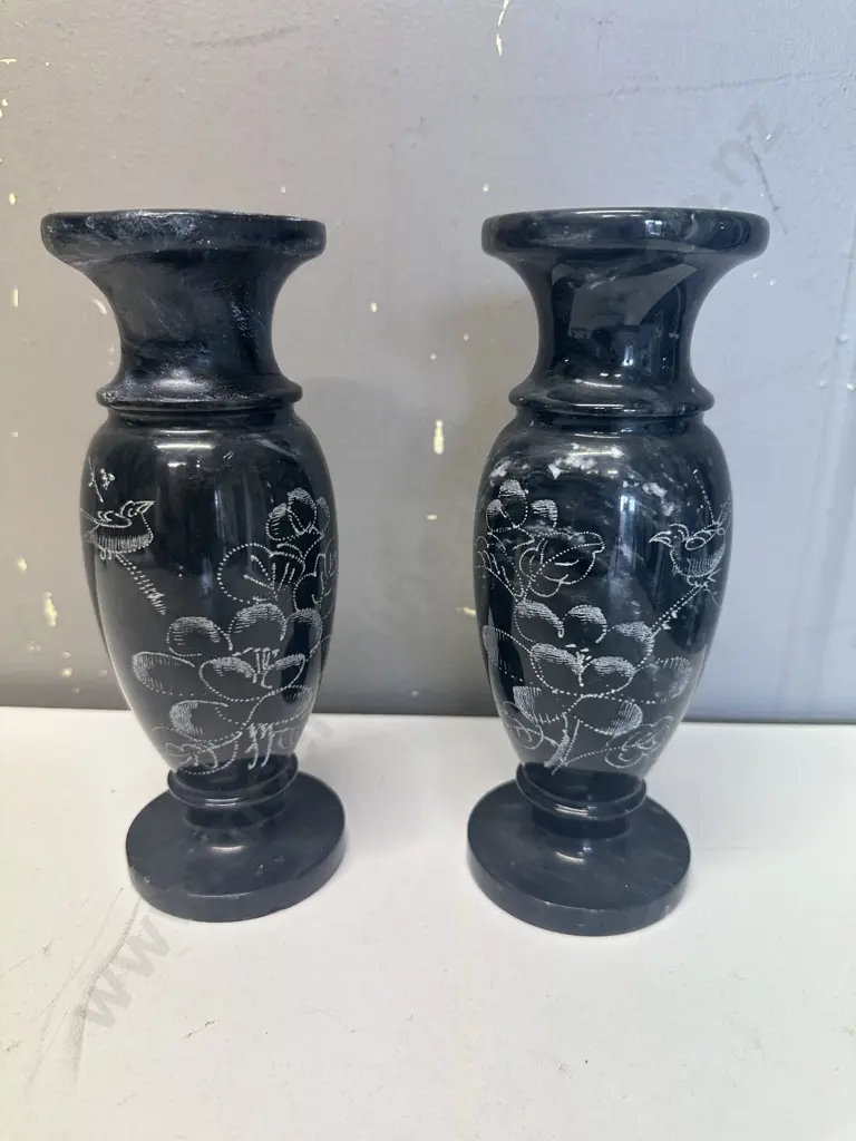 Pair Of Black Marble Vases  With Etched Bird Detail H20cm. Image 1++