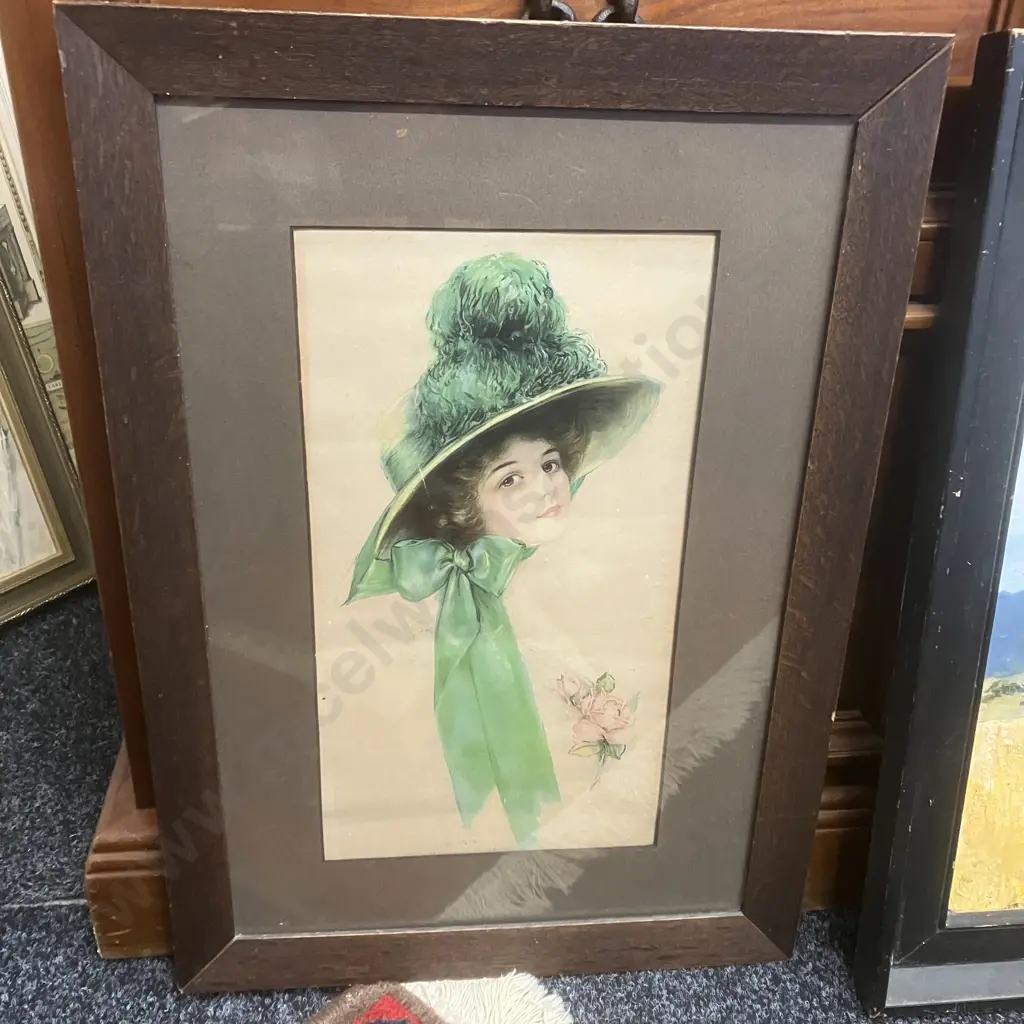 Oak Framed Print Of Victorian Woman With Feather Hat & Bow. 55 x 39cm Image 1++