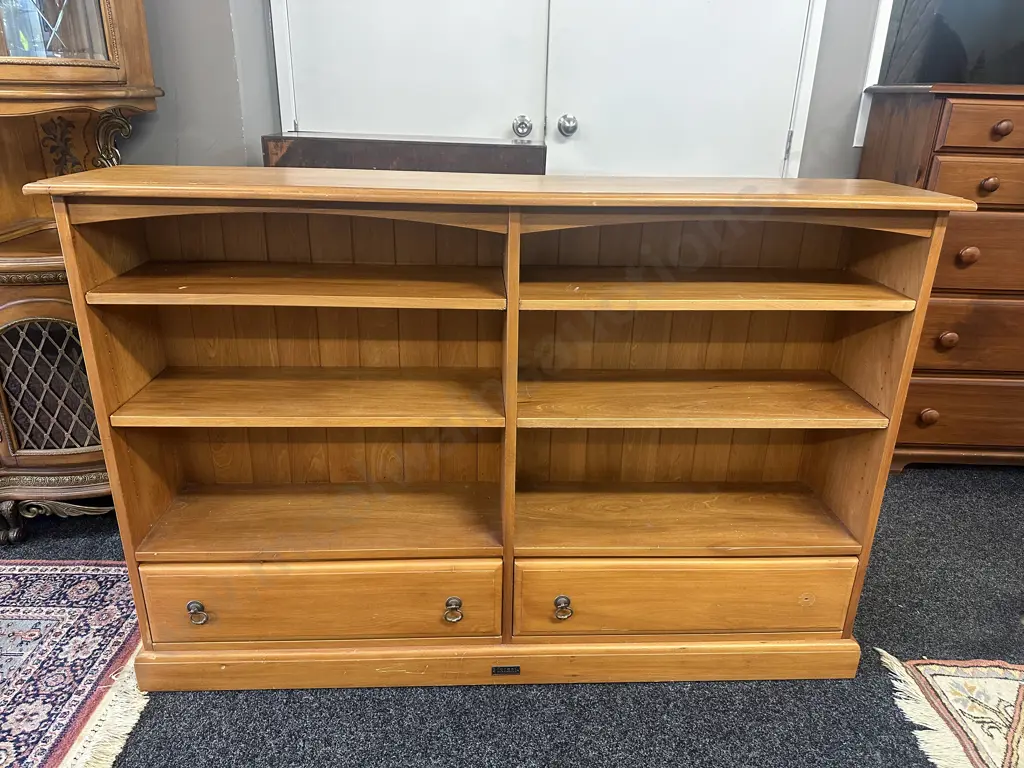 Forest Furniture Rimu Bookcase With 2 Drawers In Base, 4 Shelves. H101 W150 D31cm (1 Handle Missing) Image 1++