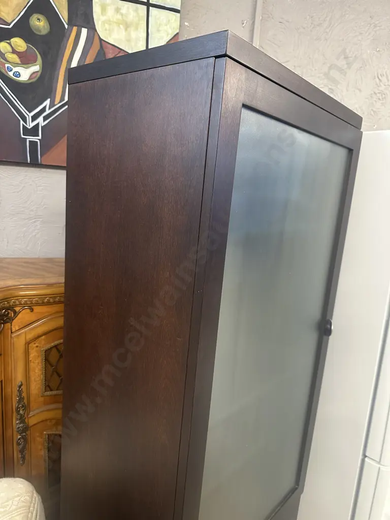 Dark Oak Effect Single Frosted Glass Door Display Cabinet With Glass Shelves & 3 Drawers In Base. H162 W59 D39cm Image 1++