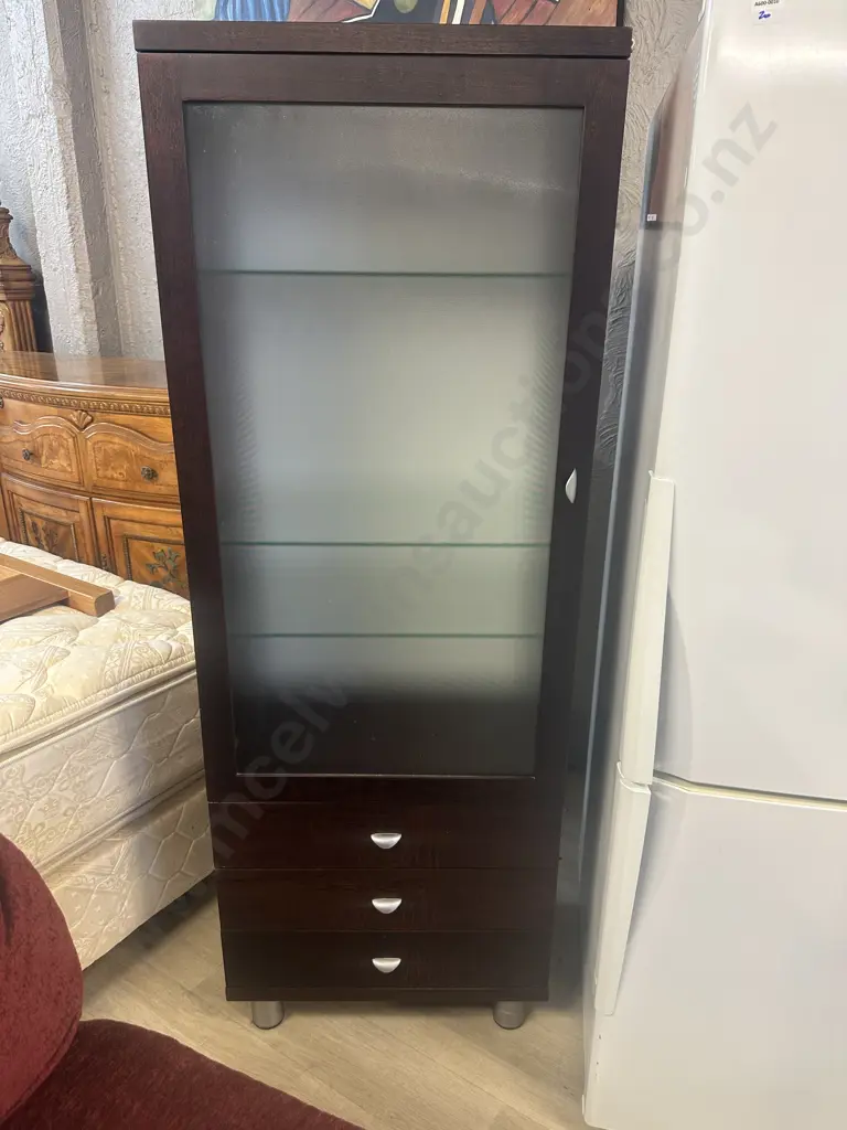 Dark Oak Effect Single Frosted Glass Door Display Cabinet With Glass Shelves & 3 Drawers In Base. H162 W59 D39cm Image 1++