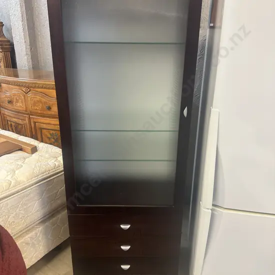 Dark Oak Effect Single Frosted Glass Door Display Cabinet With Glass Shelves & 3 Drawers In Base. H162 W59 D39cm
