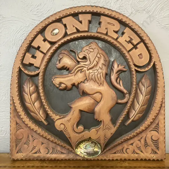 Vintage Hand Carved Lion Red Wall Art With Paua Shell Details. 59 x 58.5cm