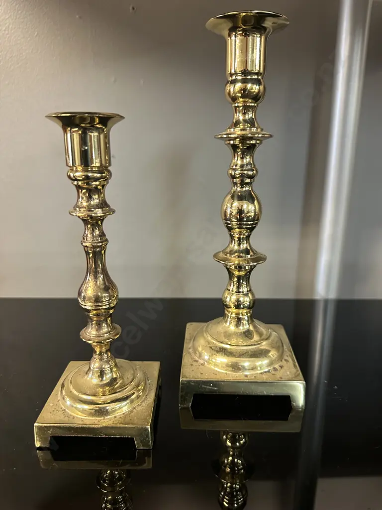 Pair Of Brass Candle Stick Holders Georgian Style With Square Base H17,H24cm. Image 1++
