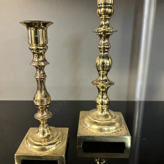 Pair Of Brass Candle Stick Holders Georgian Style With Square Base H17,H24cm.
