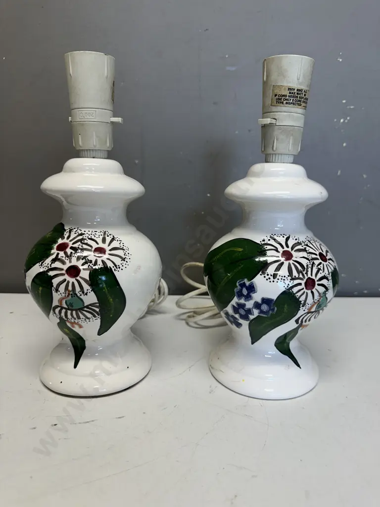 Pair Of Vintage Table Lamps Hand Painted Flowers & Green Leaves On White Ceramic Base H27cm. Image 1++