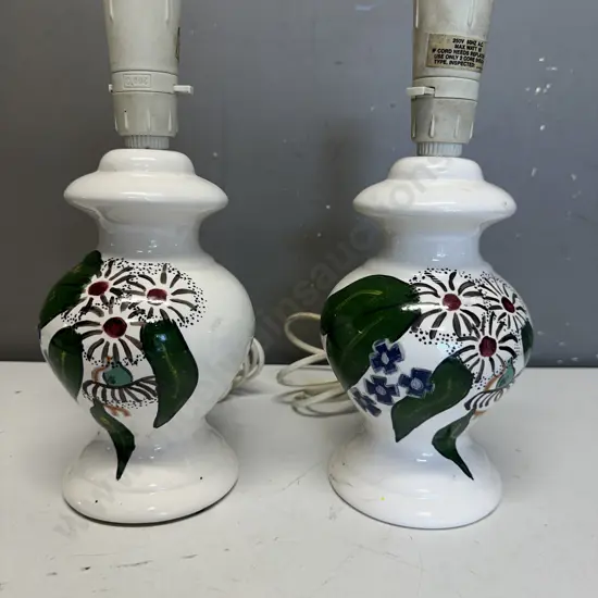 Pair Of Vintage Table Lamps Hand Painted Flowers & Green Leaves On White Ceramic Base H27cm.