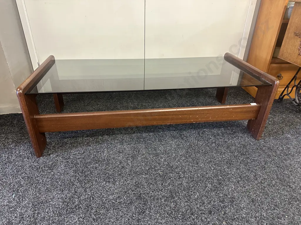 Mid Century Smokey Glass Coffee Table H38,W125,D60cm. Image 1++