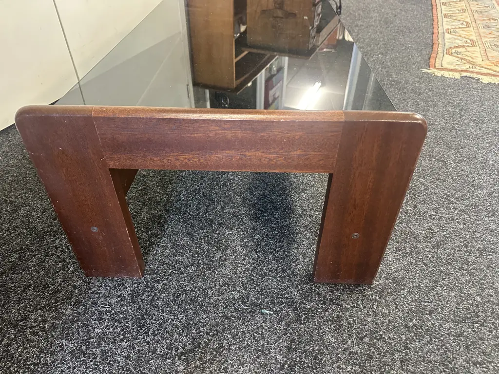 Mid Century Smokey Glass Coffee Table H38,W125,D60cm. Image 1++