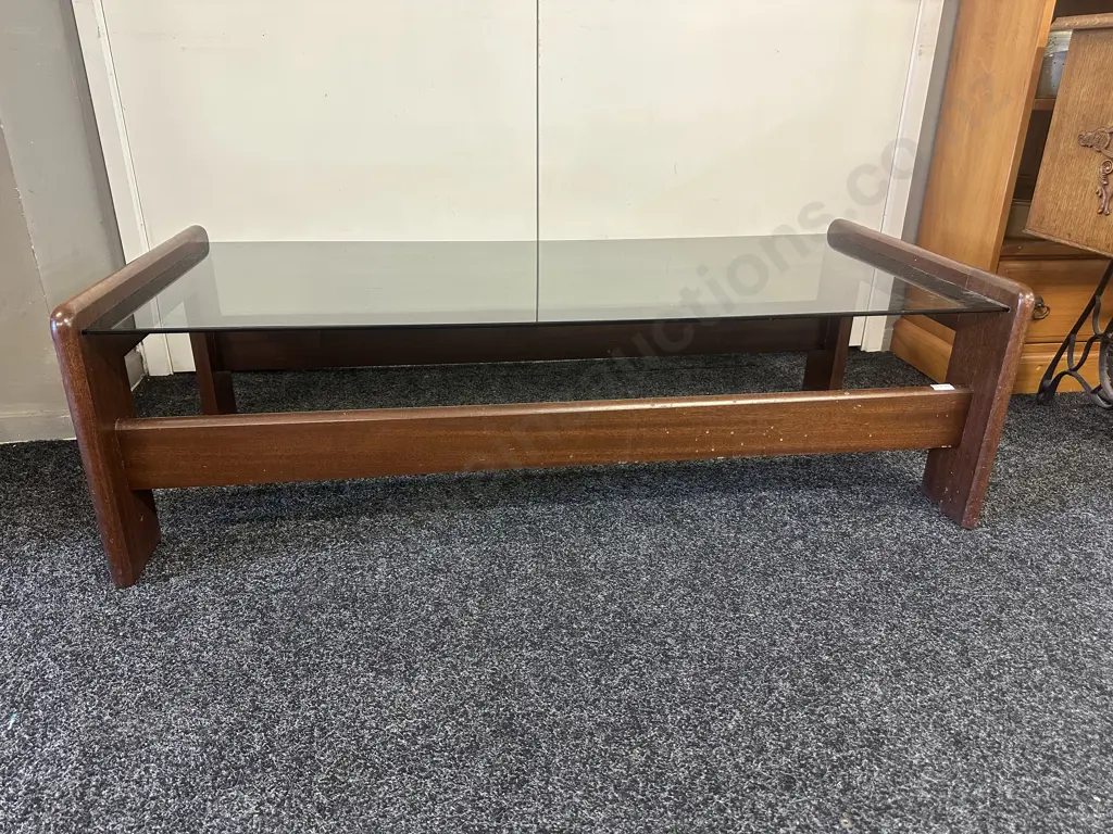 Mid Century Smokey Glass Coffee Table H38,W125,D60cm. Image 1++