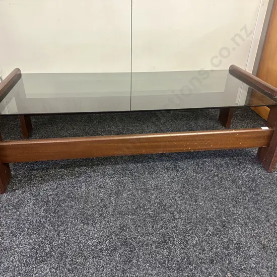 Mid Century Smokey Glass Coffee Table H38,W125,D60cm.