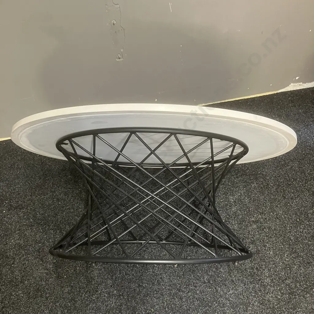 White & Black Retro Marble Effect Lacquer Top Coffee Table On a Black Steel Base. 36 x 90cm Image 1++