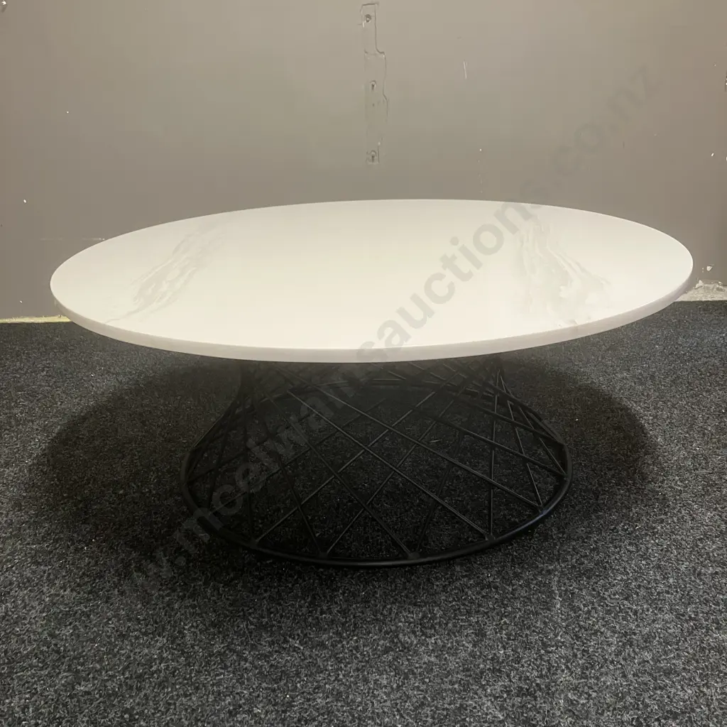 White & Black Retro Marble Effect Lacquer Top Coffee Table On a Black Steel Base. 36 x 90cm Image 1++