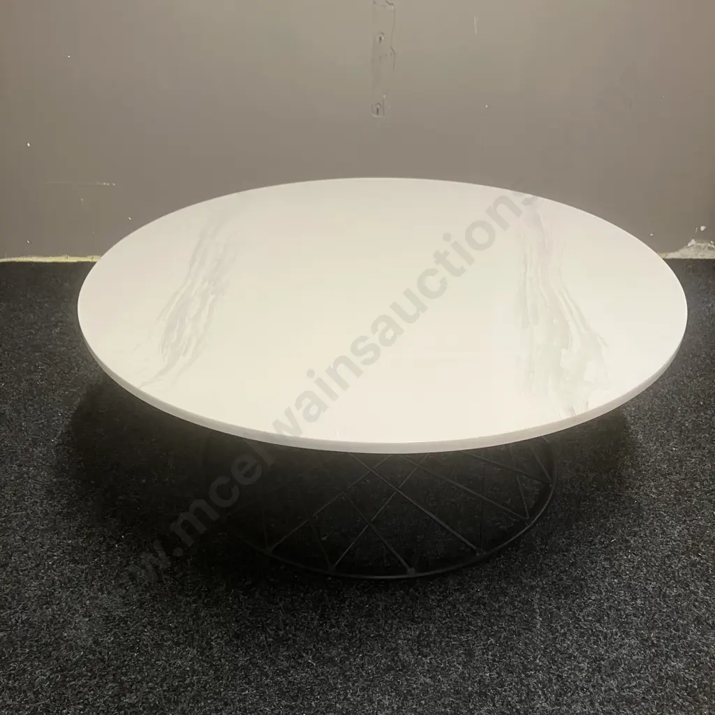 White & Black Retro Marble Effect Lacquer Top Coffee Table On a Black Steel Base. 36 x 90cm Image 1++