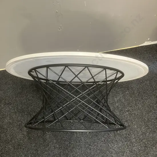 White & Black Retro Marble Effect Lacquer Top Coffee Table On a Black Steel Base. 36 x 90cm