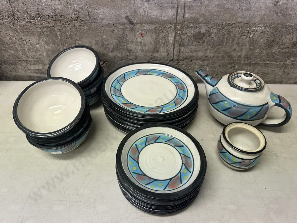 Pottery Teapot, Sugar Bowl & Crockery Abstract Design Image 1++