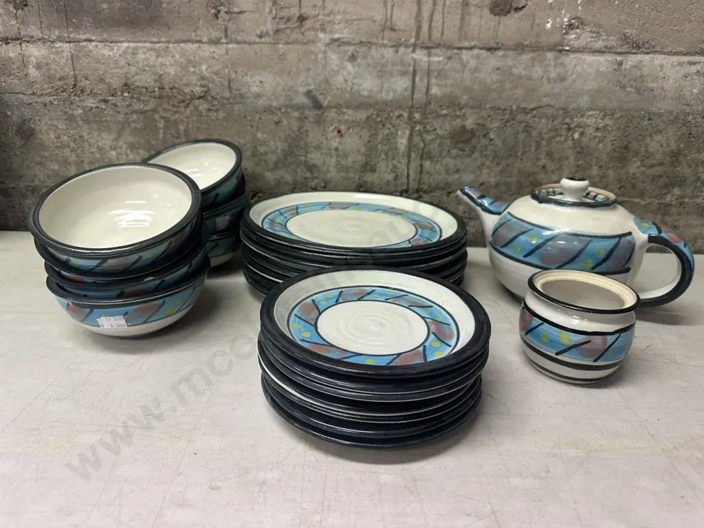 Pottery Teapot, Sugar Bowl & Crockery Abstract Design Image 1++