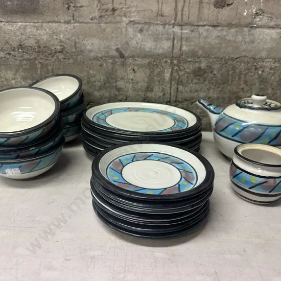 Pottery Teapot, Sugar Bowl & Crockery Abstract Design