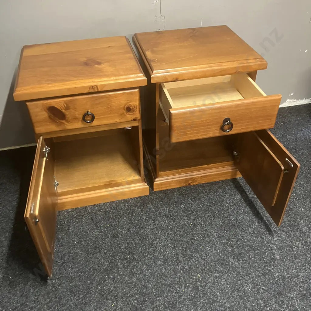 Pair of Pine Bedsides, 1 Drawer, 1 Door, Black Ring Handles. H62 W45 D40cm Image 1++