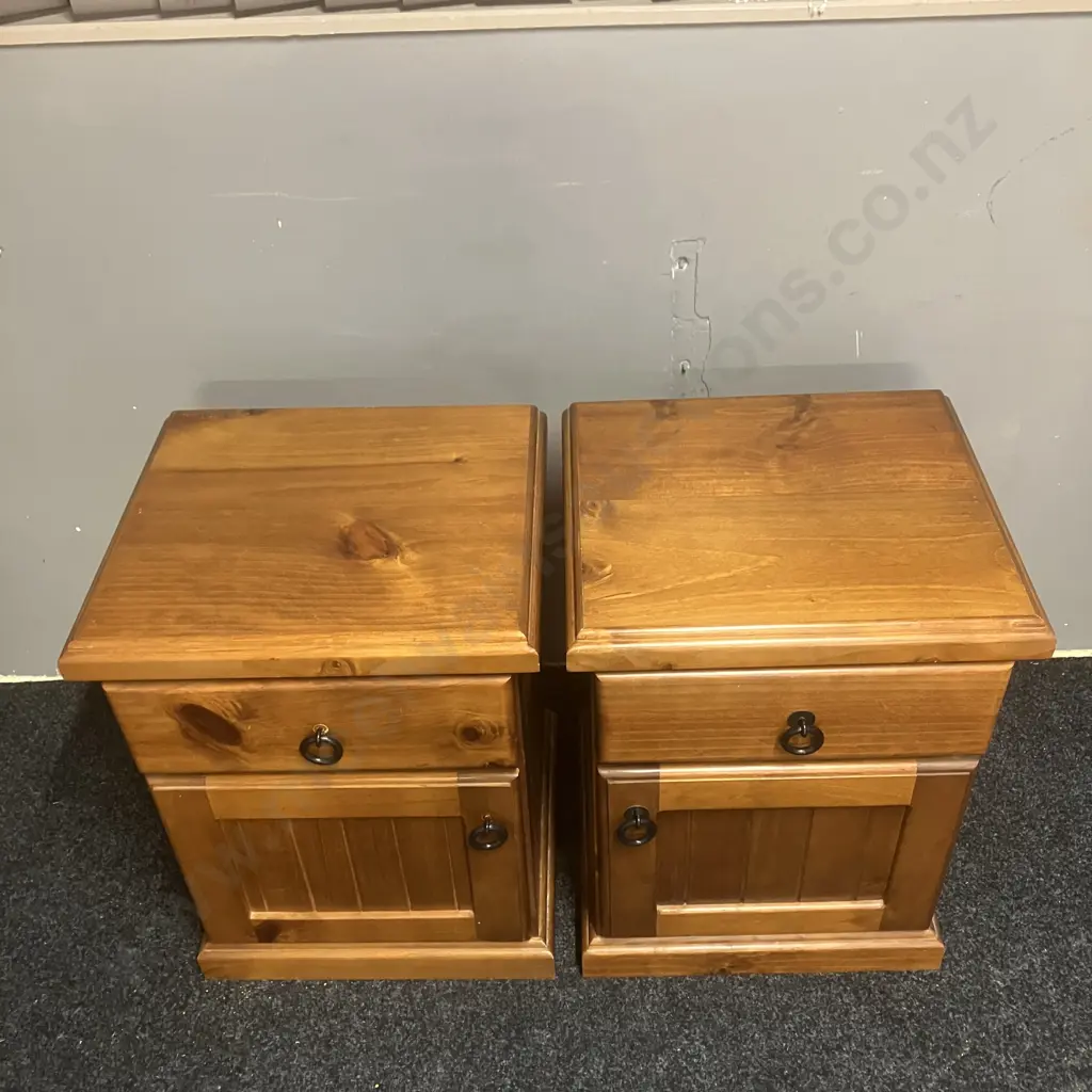 Pair of Pine Bedsides, 1 Drawer, 1 Door, Black Ring Handles. H62 W45 D40cm Image 1++