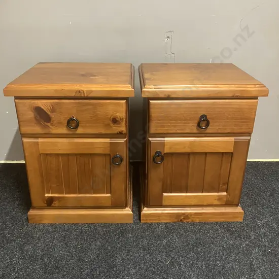 Pair of Pine Bedsides, 1 Drawer, 1 Door, Black Ring Handles. H62 W45 D40cm