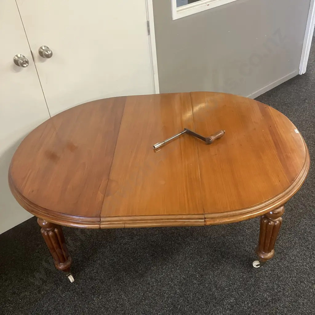 Antique Mahogany Single Leaf Crank Extension Dining Table With Turned Legs & White Porcelain Castors, Thumb Molded Edge Image 1++
