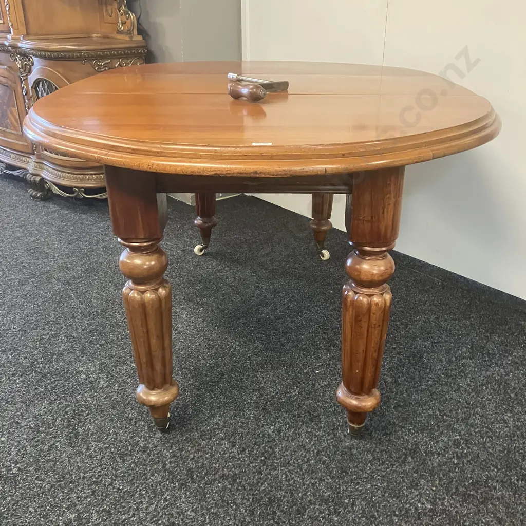 Antique Mahogany Single Leaf Crank Extension Dining Table With Turned Legs & White Porcelain Castors, Thumb Molded Edge Image 1++
