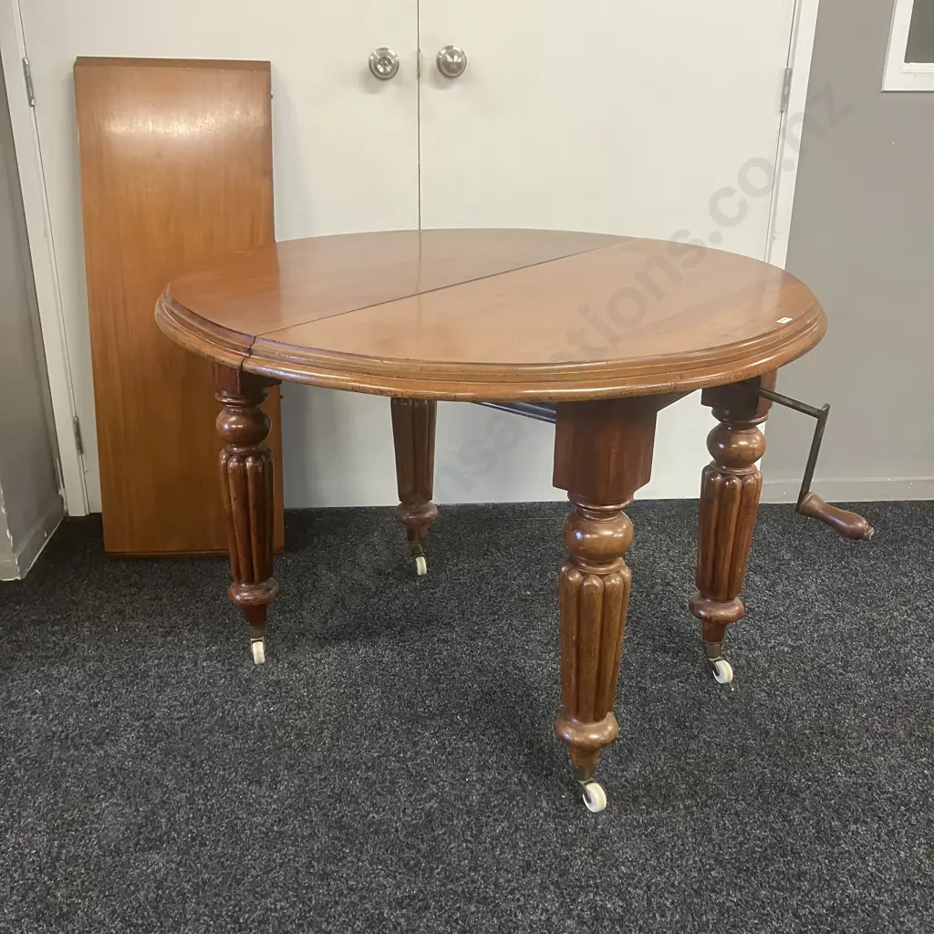 Antique Mahogany Single Leaf Crank Extension Dining Table With Turned Legs & White Porcelain Castors, Thumb Molded Edge Image 1++
