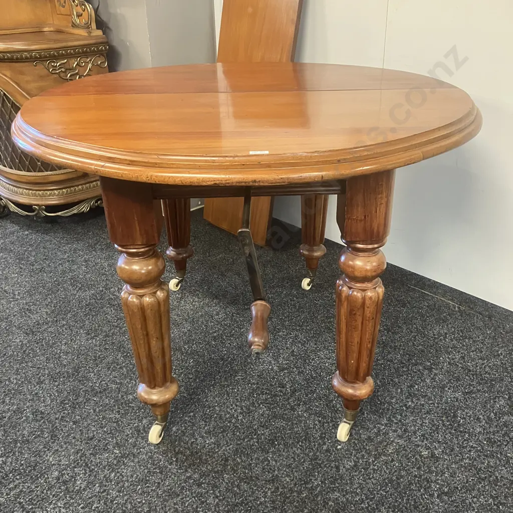 Antique Mahogany Single Leaf Crank Extension Dining Table With Turned Legs & White Porcelain Castors, Thumb Molded Edge Image 1++