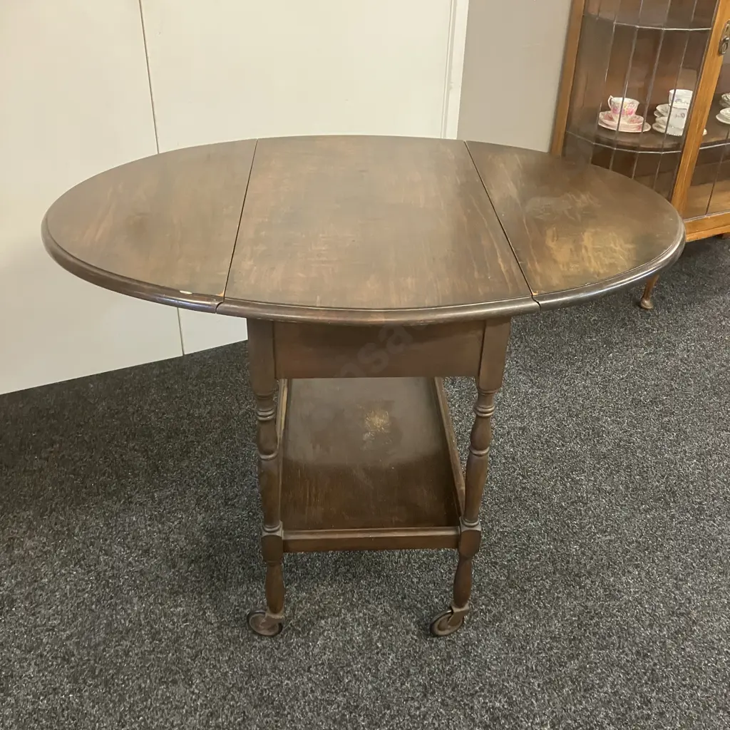 Mahogany Drop Leaf Trolley Table, Single Drawer. H74 W76 D47 - 111cm Image 1++