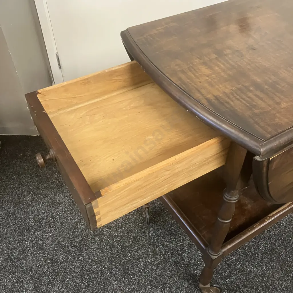 Mahogany Drop Leaf Trolley Table, Single Drawer. H74 W76 D47 - 111cm Image 1++