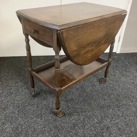 Mahogany Drop Leaf Trolley Table, Single Drawer. H74 W76 D47 - 111cm