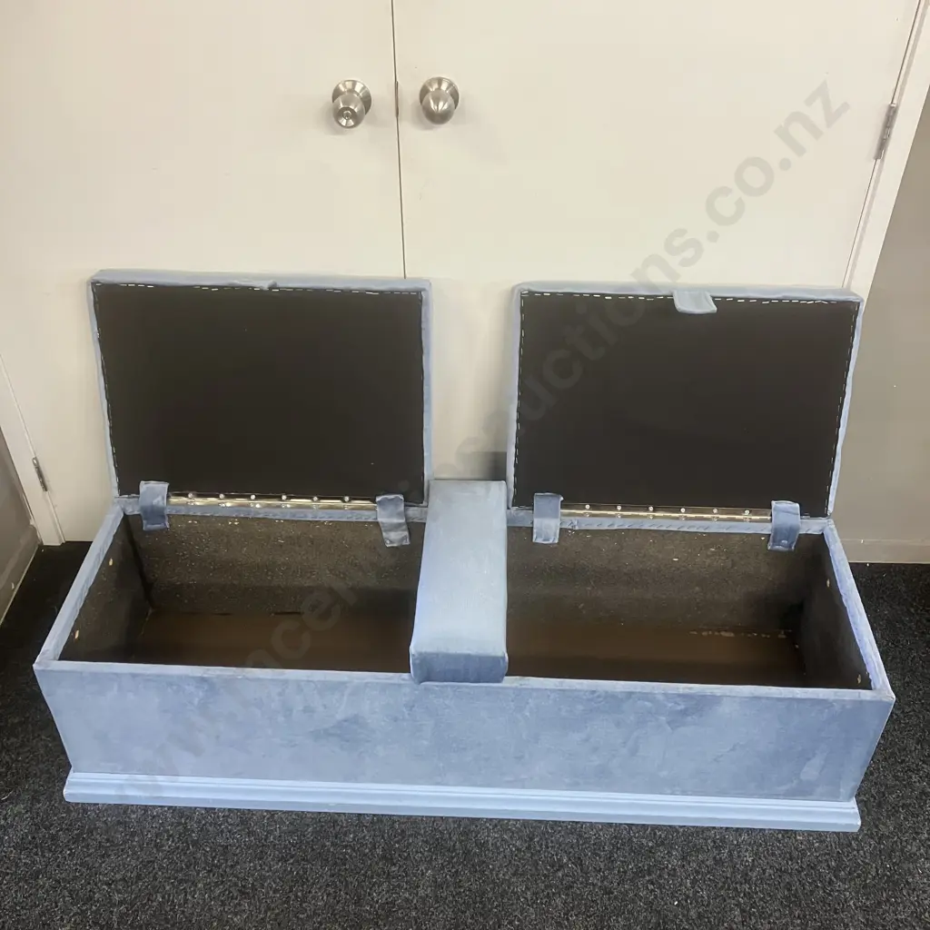 Vintage Blue Upholstered Blanket Box With Padded Hinged Lid. H44 W140 D46cm Image 1++