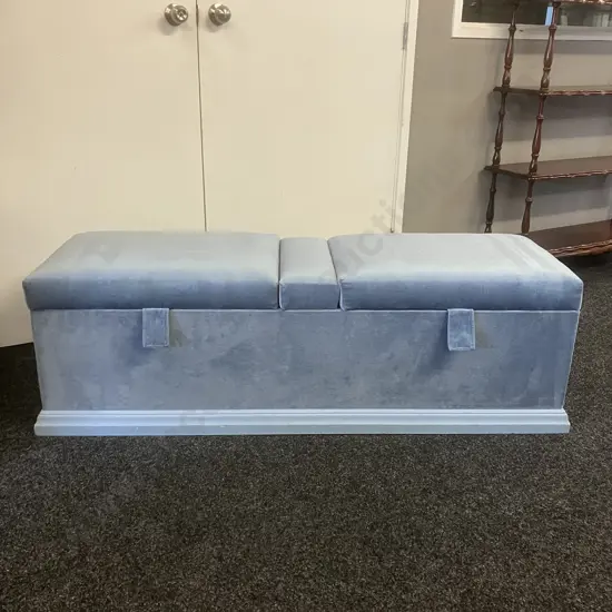 Vintage Blue Upholstered Blanket Box With Padded Hinged Lid. H44 W140 D46cm