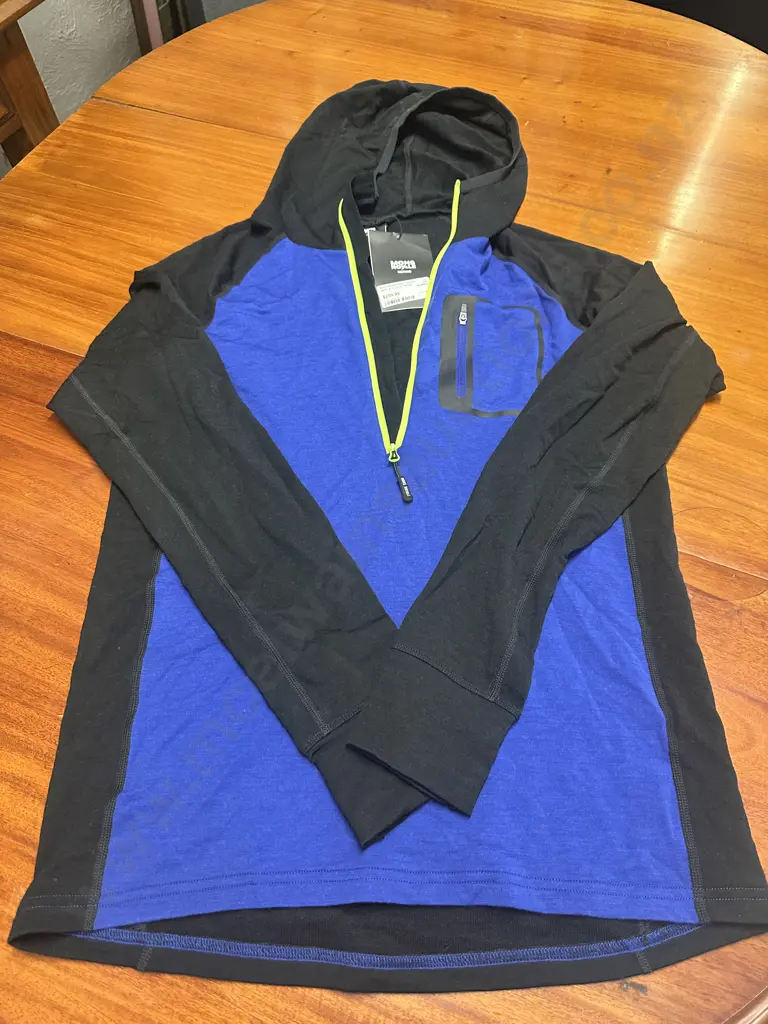 New Mons Royale Merino Mid Full Zip Hood Blue / Black Size M Image 1++