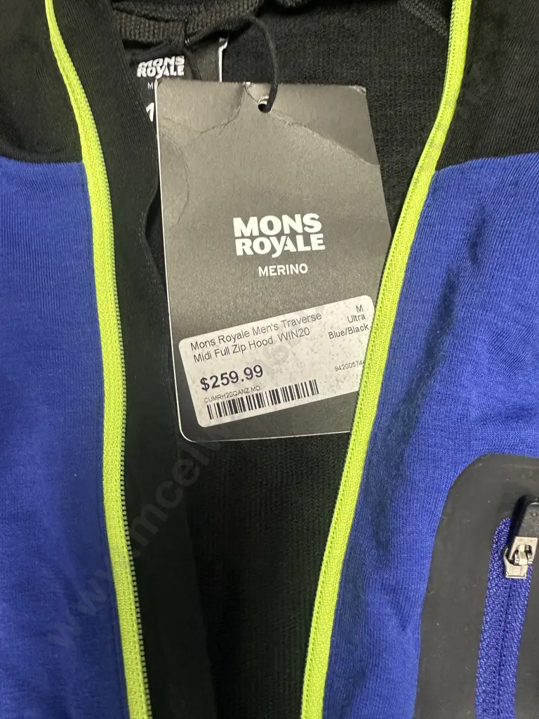 New Mons Royale Merino Mid Full Zip Hood Blue / Black Size M Image 1++
