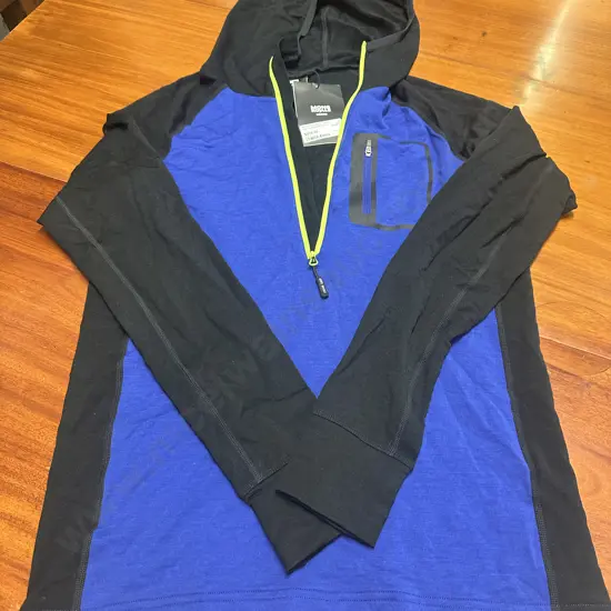 New Mons Royale Merino Mid Full Zip Hood Blue / Black Size M