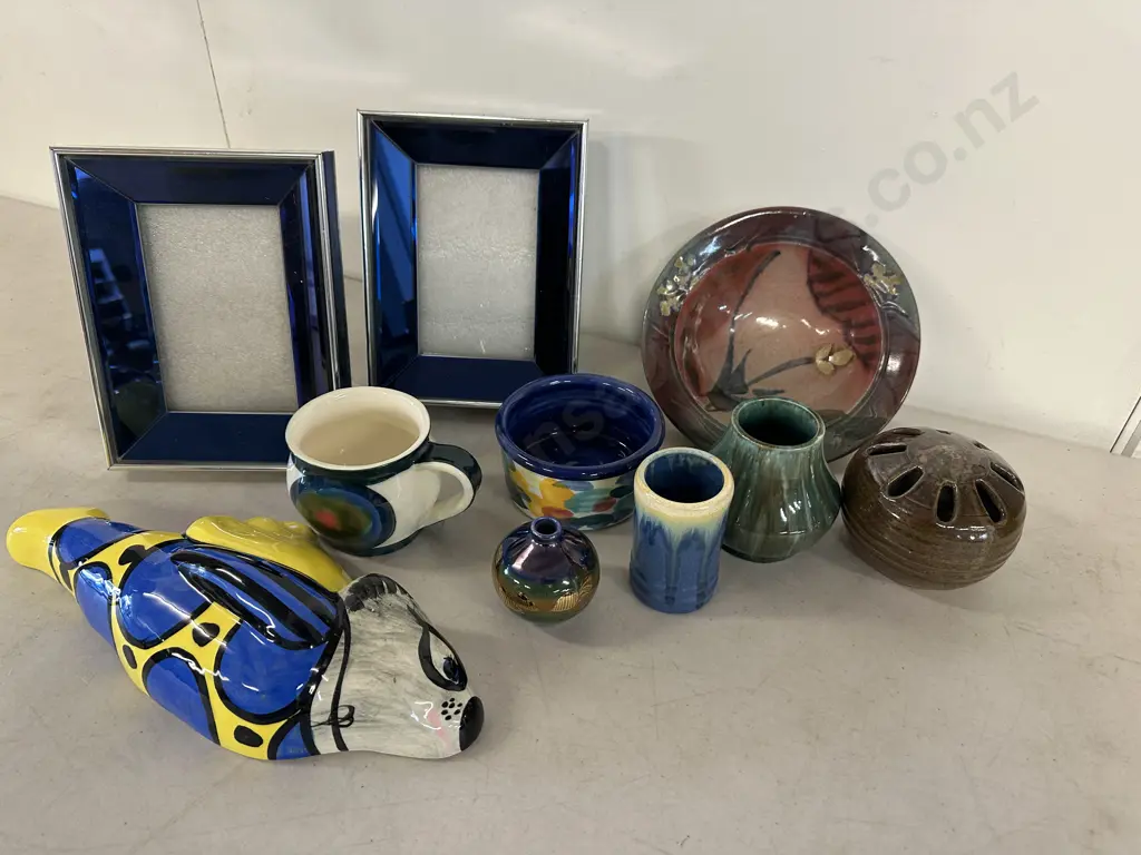 Selection Of Signed Pottery Items Including Tony Sly, M.Cogswell Etc With Fish Wall Art & Photo Frames Image 1++