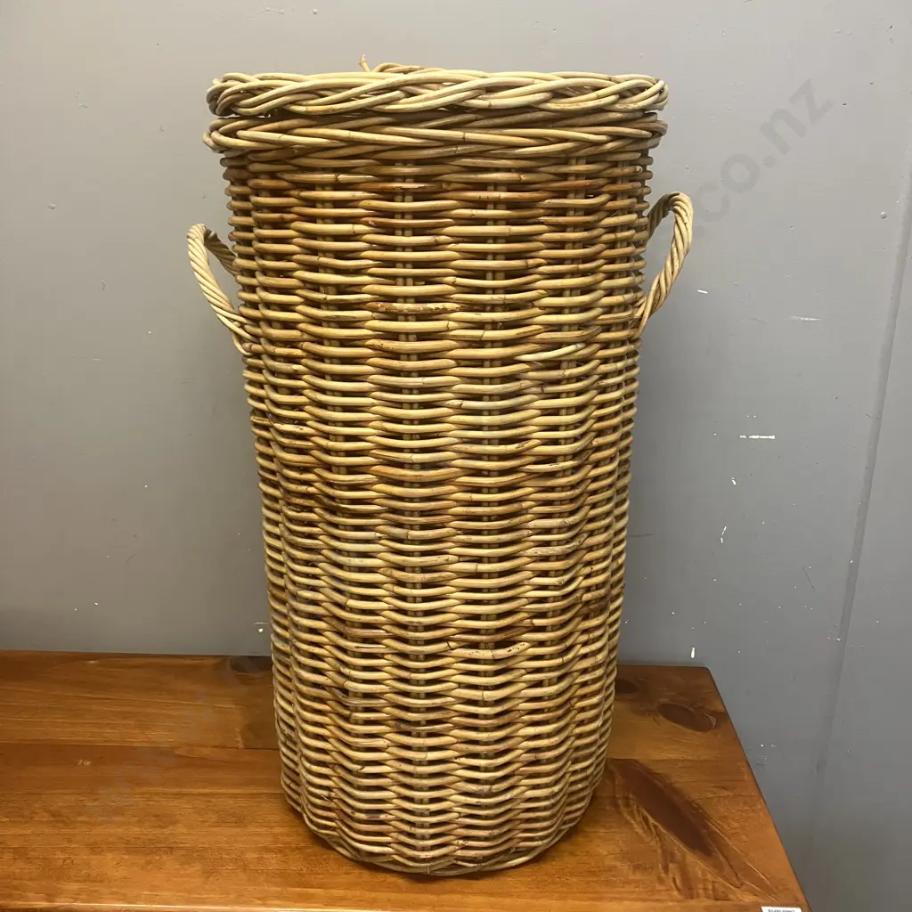 Tall Cylindrical Woven Cane Basket With Lid. 64 x 36cm Image 1++