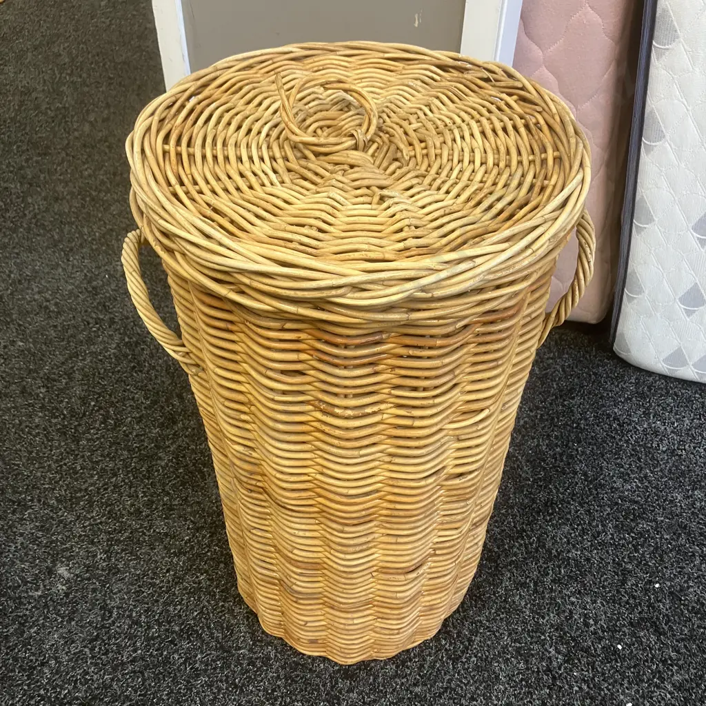 Tall Cylindrical Woven Cane Basket With Lid. 64 x 36cm Image 1++