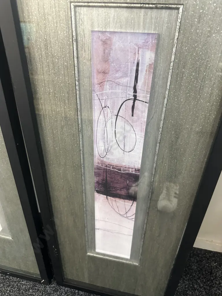 Pair Of Black Rectangular Framed Abstract Wall Art Light Pink & Purple Tones H105,W39cm. Image 1++